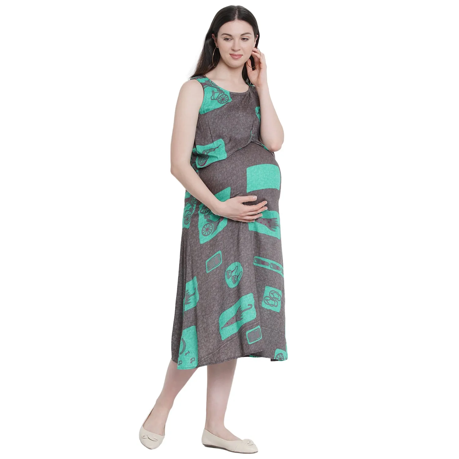 Turquoise Abstract Print Maternity and Nursing Midi Dress