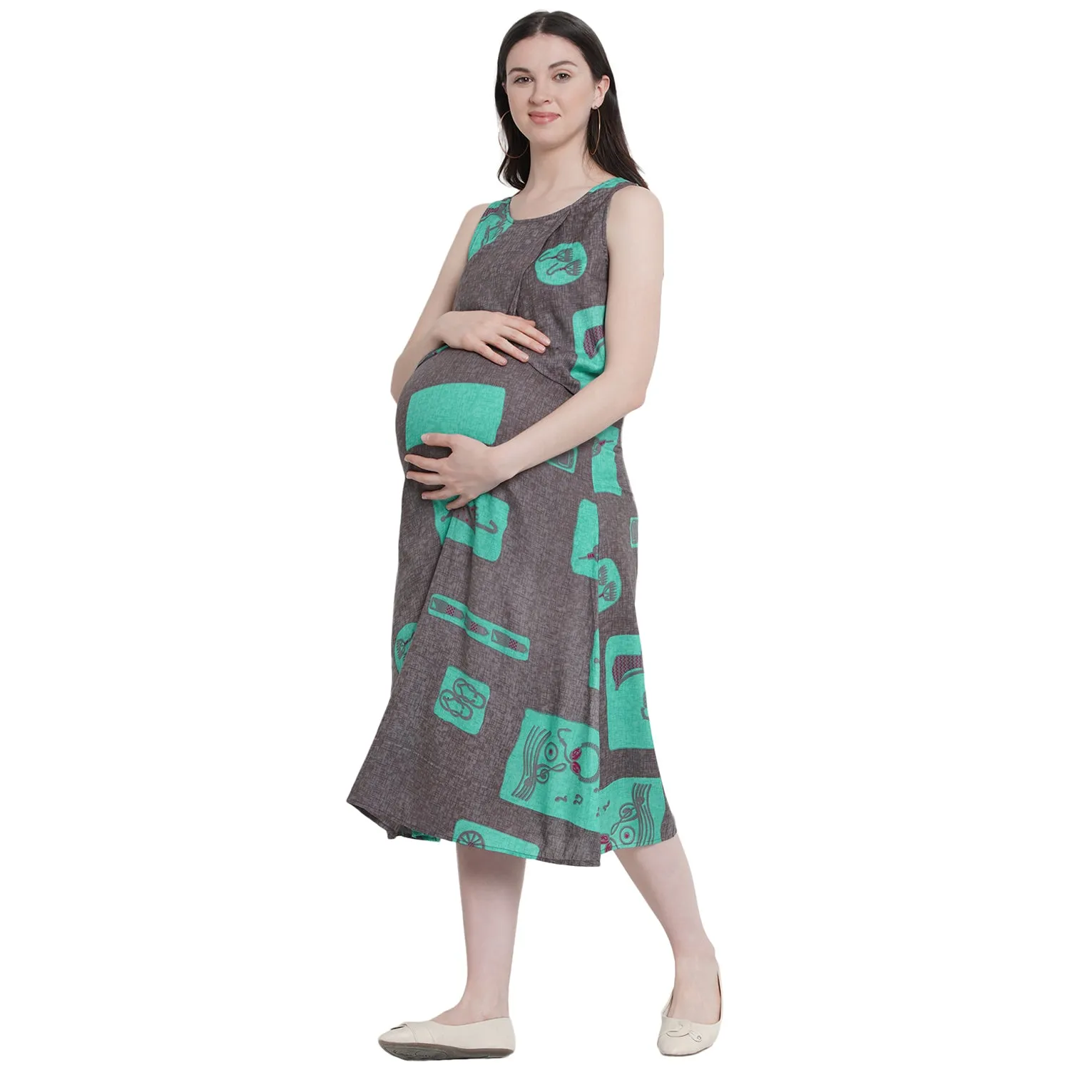 Turquoise Abstract Print Maternity and Nursing Midi Dress