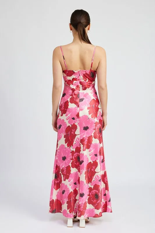 V NECK BIAS FLORAL MAXI DRESS