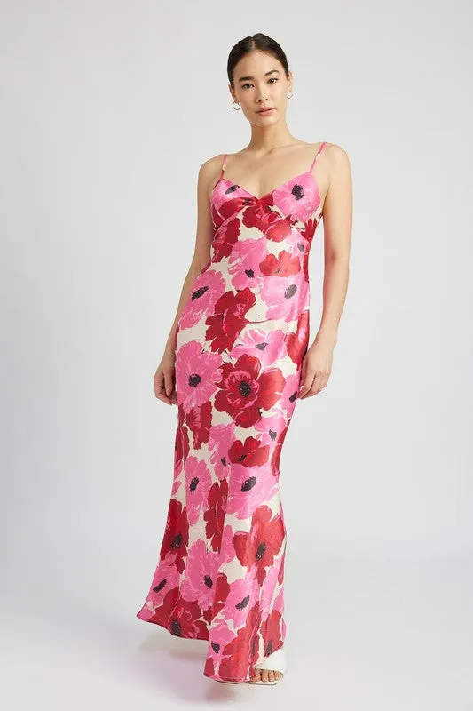 V NECK BIAS FLORAL MAXI DRESS