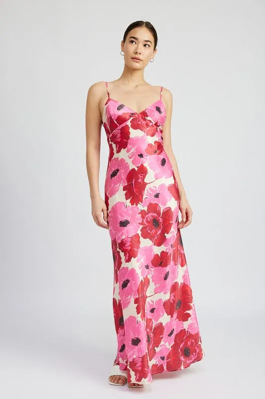 V NECK BIAS FLORAL MAXI DRESS