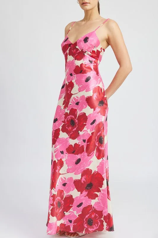 V NECK BIAS FLORAL MAXI DRESS