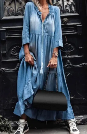 V neck denim maxi dress