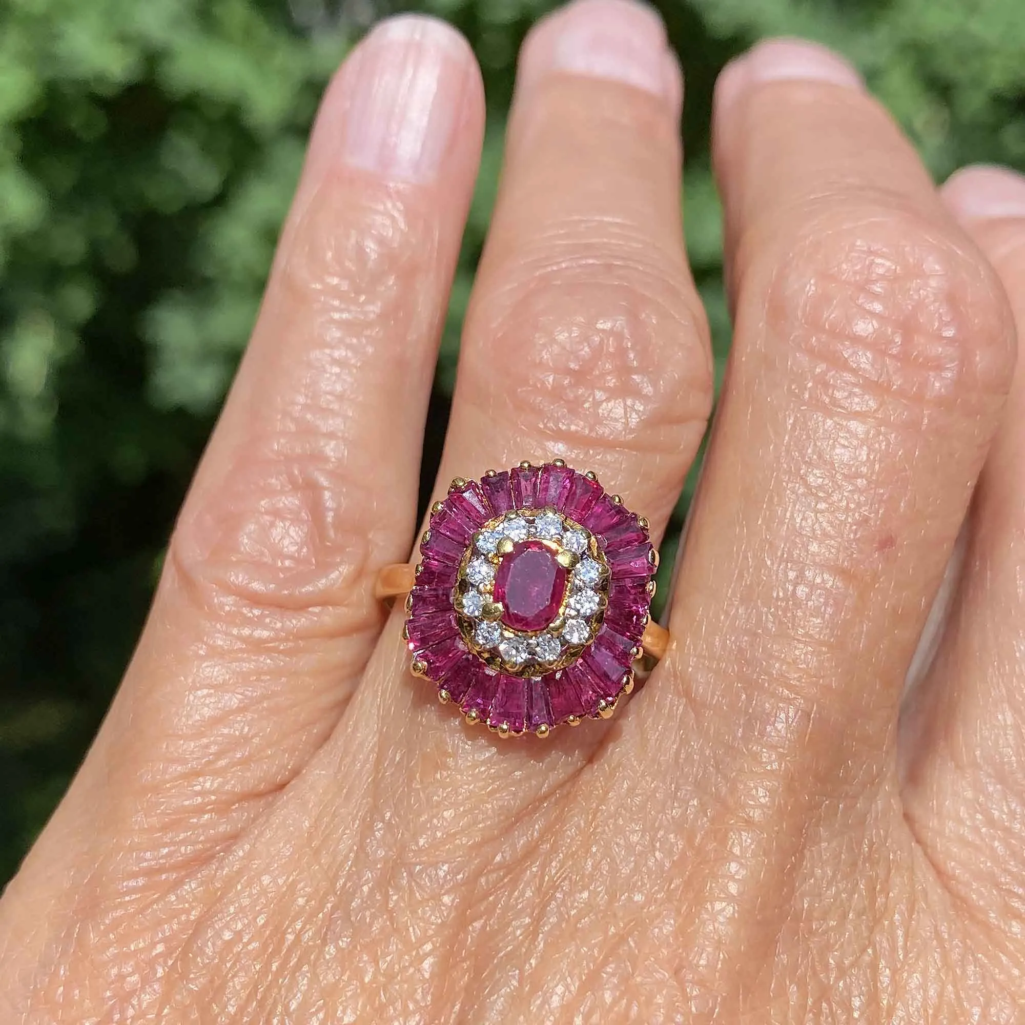 Vintage 18K Gold Ballerina Ruby Baguette Diamond Ring