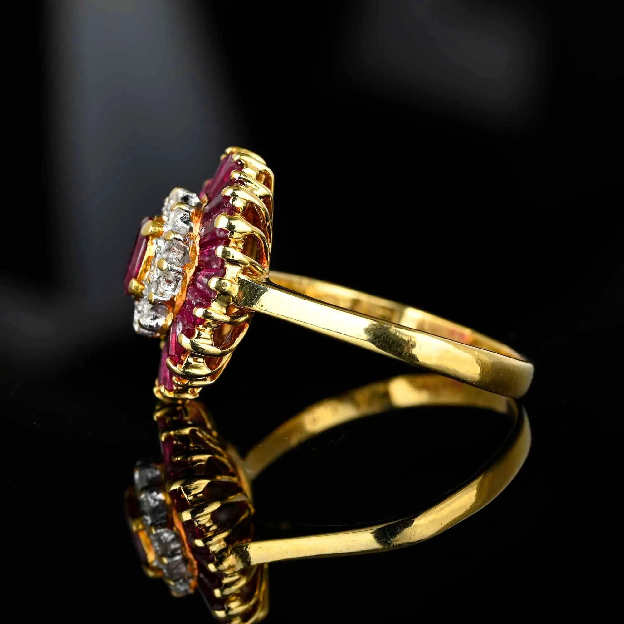 Vintage 18K Gold Ballerina Ruby Baguette Diamond Ring