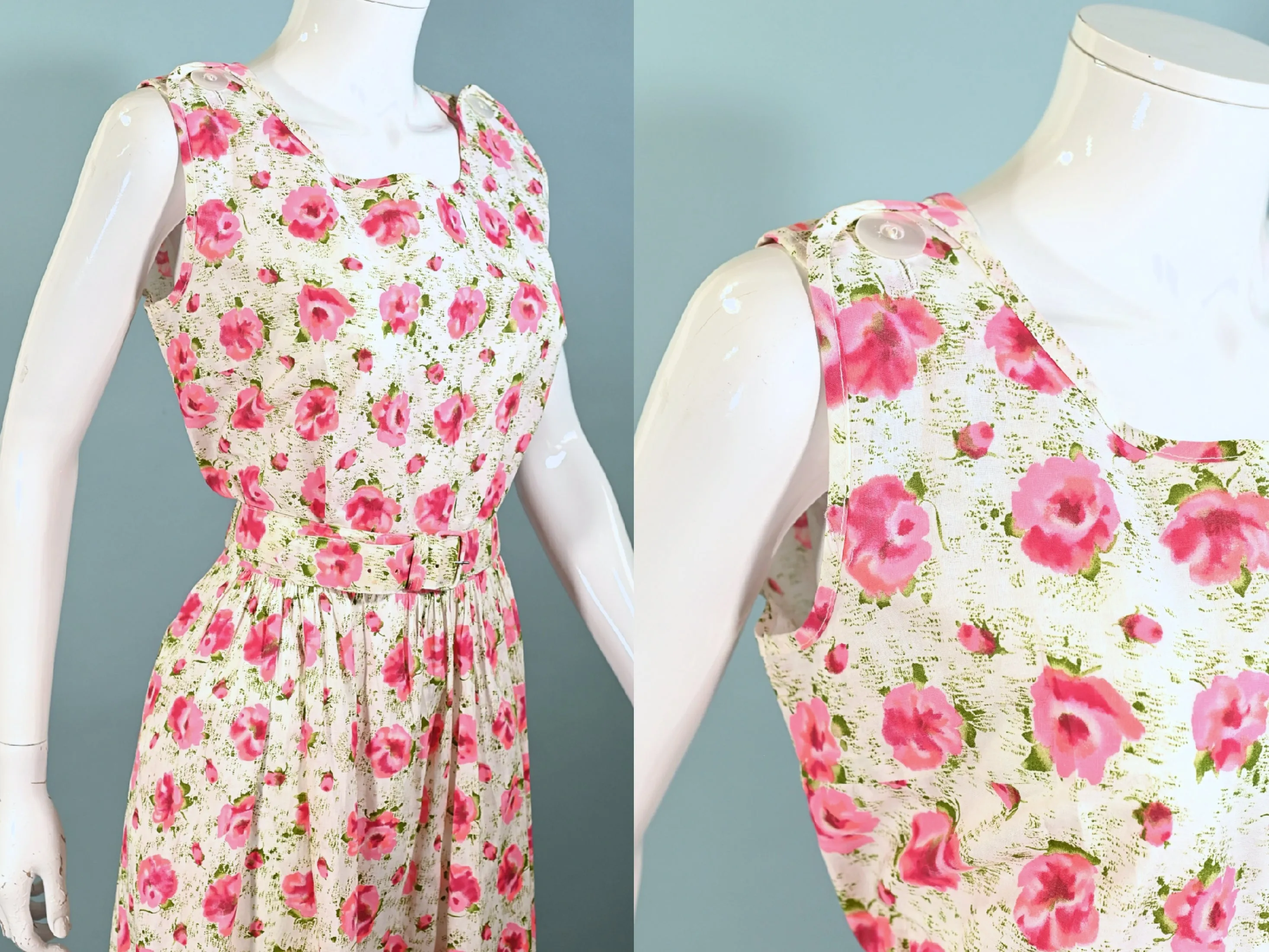 Vintage 50s Cotton Floral Print Dress   Belt   Pocket, 31" Waist