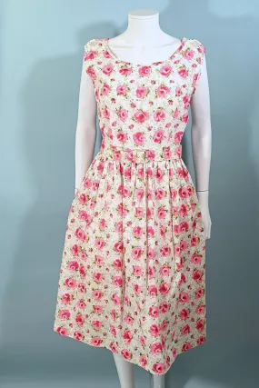 Vintage 50s Cotton Floral Print Dress   Belt   Pocket, 31" Waist