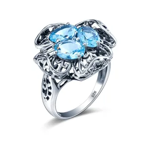 Vintage Flower Aquamarine Ring - 925 Sterling Silver