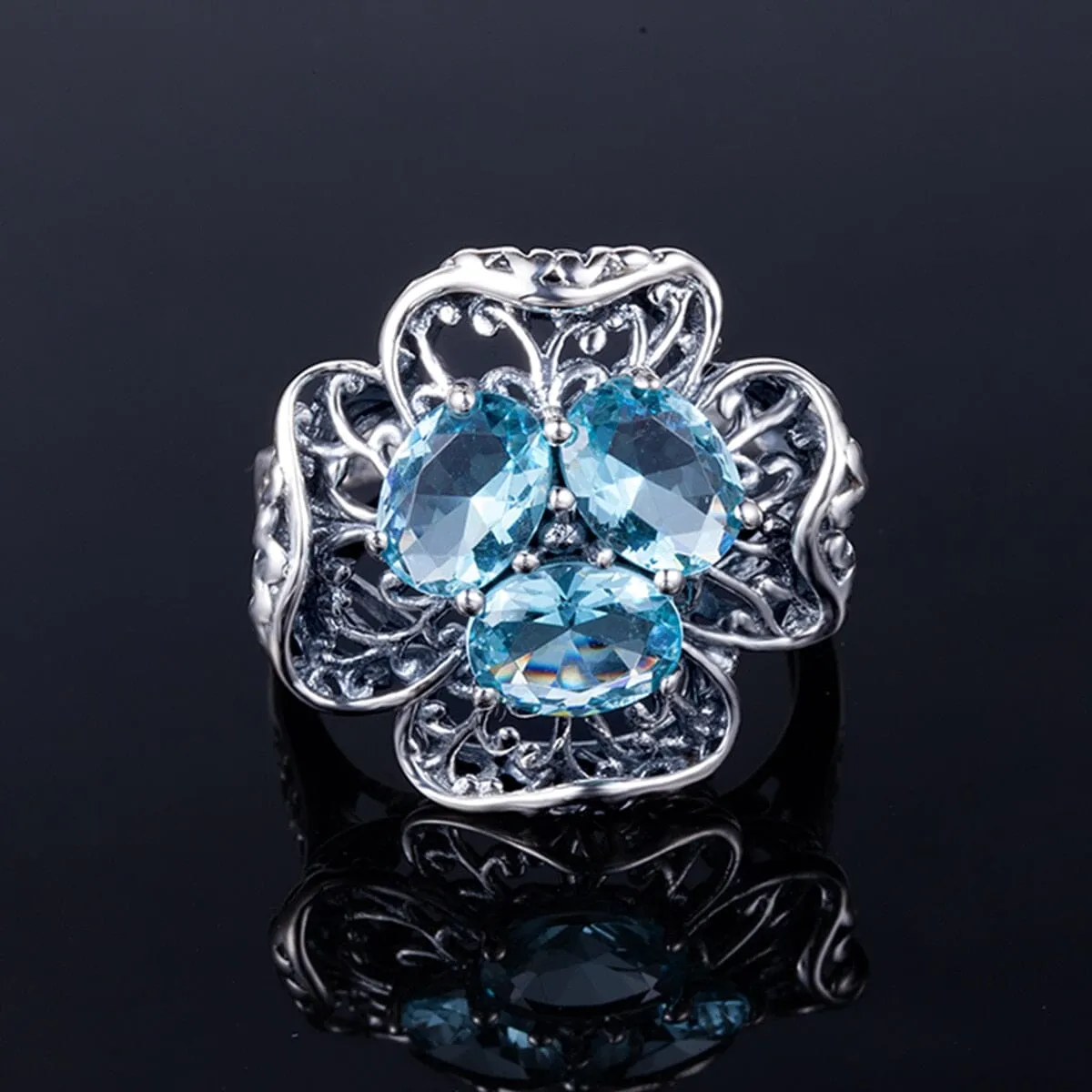 Vintage Flower Aquamarine Ring - 925 Sterling Silver