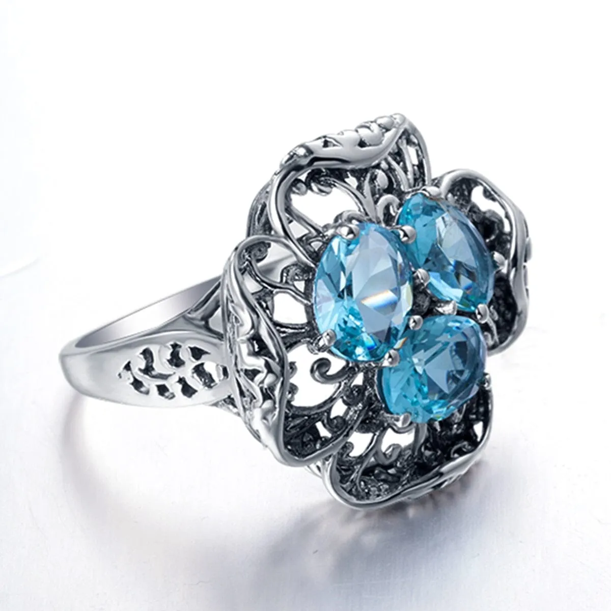 Vintage Flower Aquamarine Ring - 925 Sterling Silver