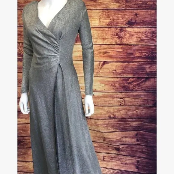 VintageSilverLame Faux Wrap Gown Long Dress