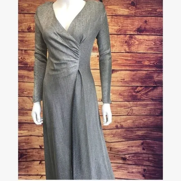 VintageSilverLame Faux Wrap Gown Long Dress