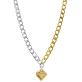 Water Resistant Half and Half Heart Chain Toggle Necklace silver gold