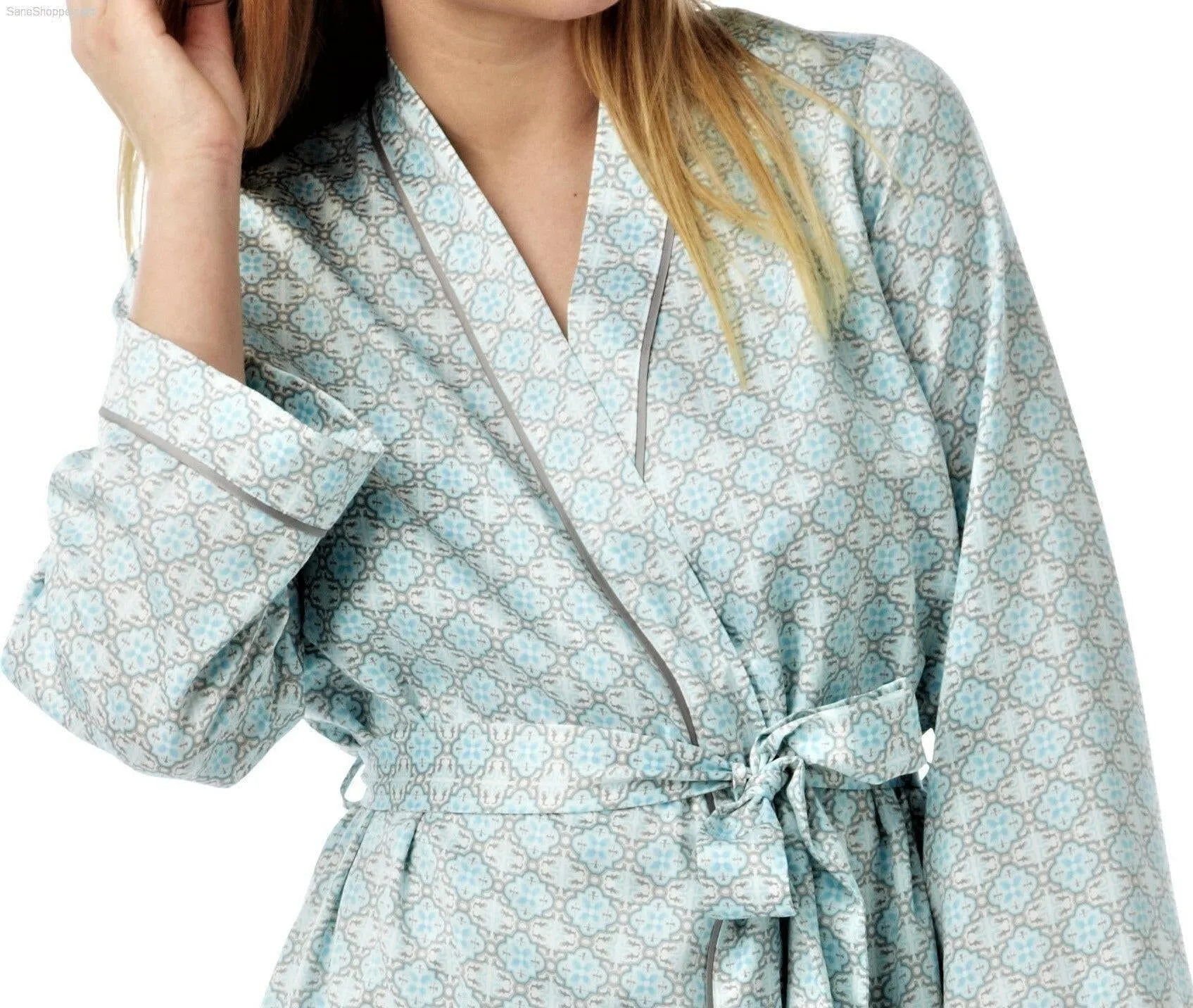 Women's Dressing Gown, Satin Kimono Silk Bathrobe Nightwear Aqua and Coral