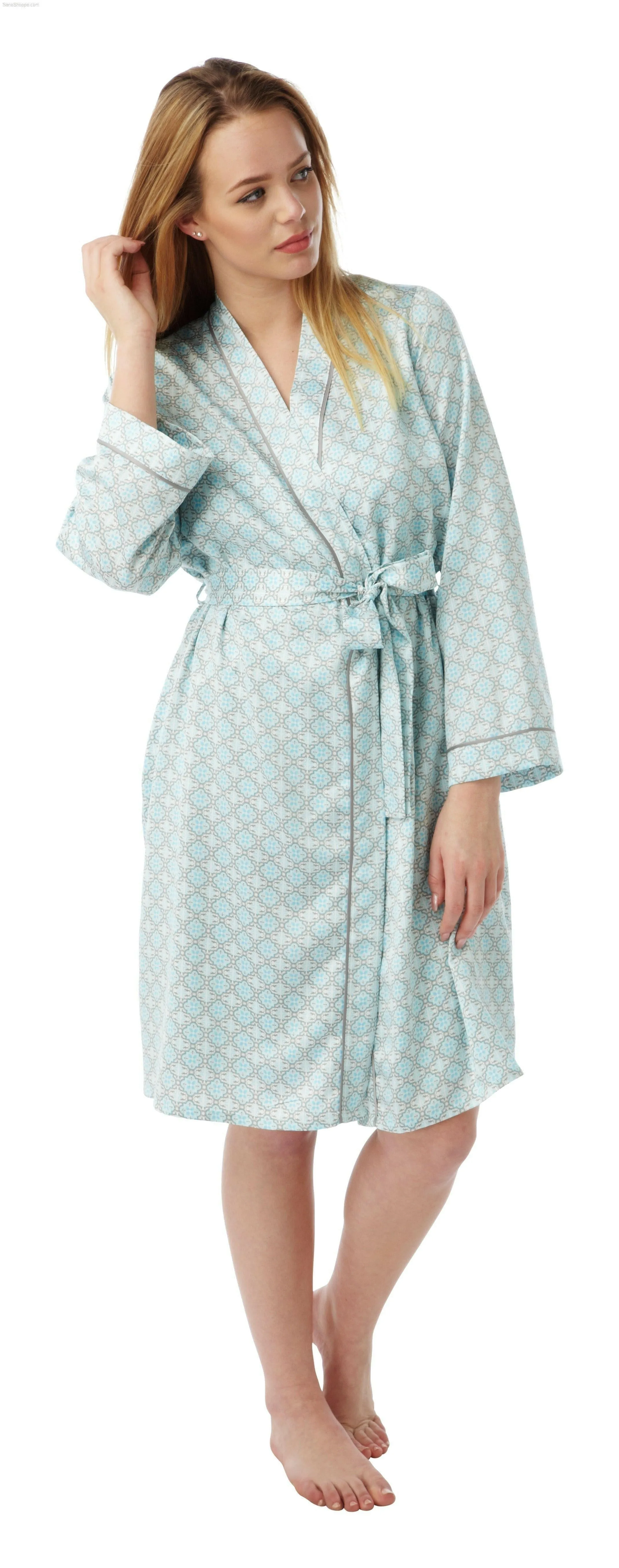 Women's Dressing Gown, Satin Kimono Silk Bathrobe Nightwear Aqua and Coral