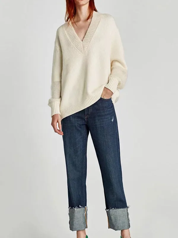 Womens Sexy Loose V Neck Sweater