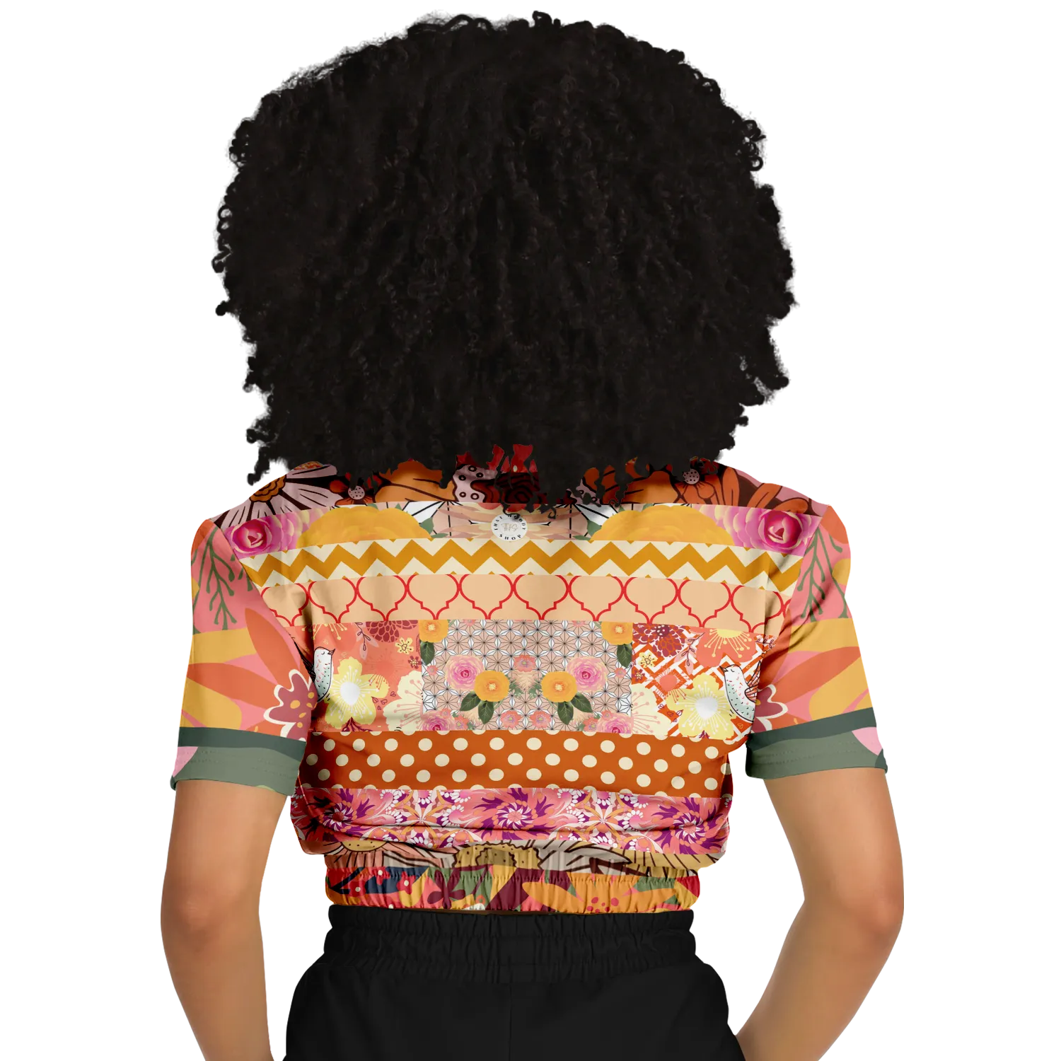 Yogananda Striped Floral Patchwork Short Sleeve Cropped Eco-Poly Sweater