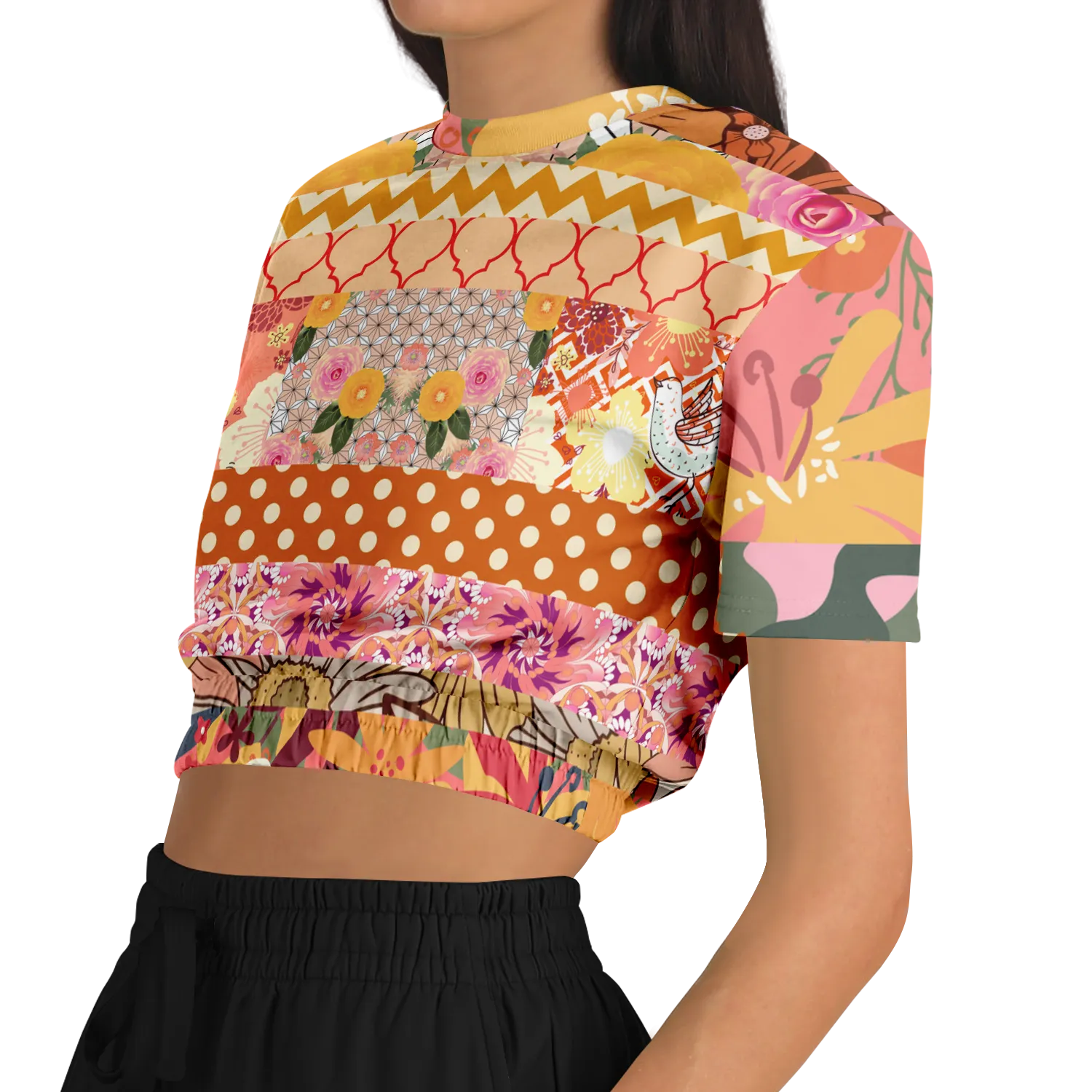 Yogananda Striped Floral Patchwork Short Sleeve Cropped Eco-Poly Sweater