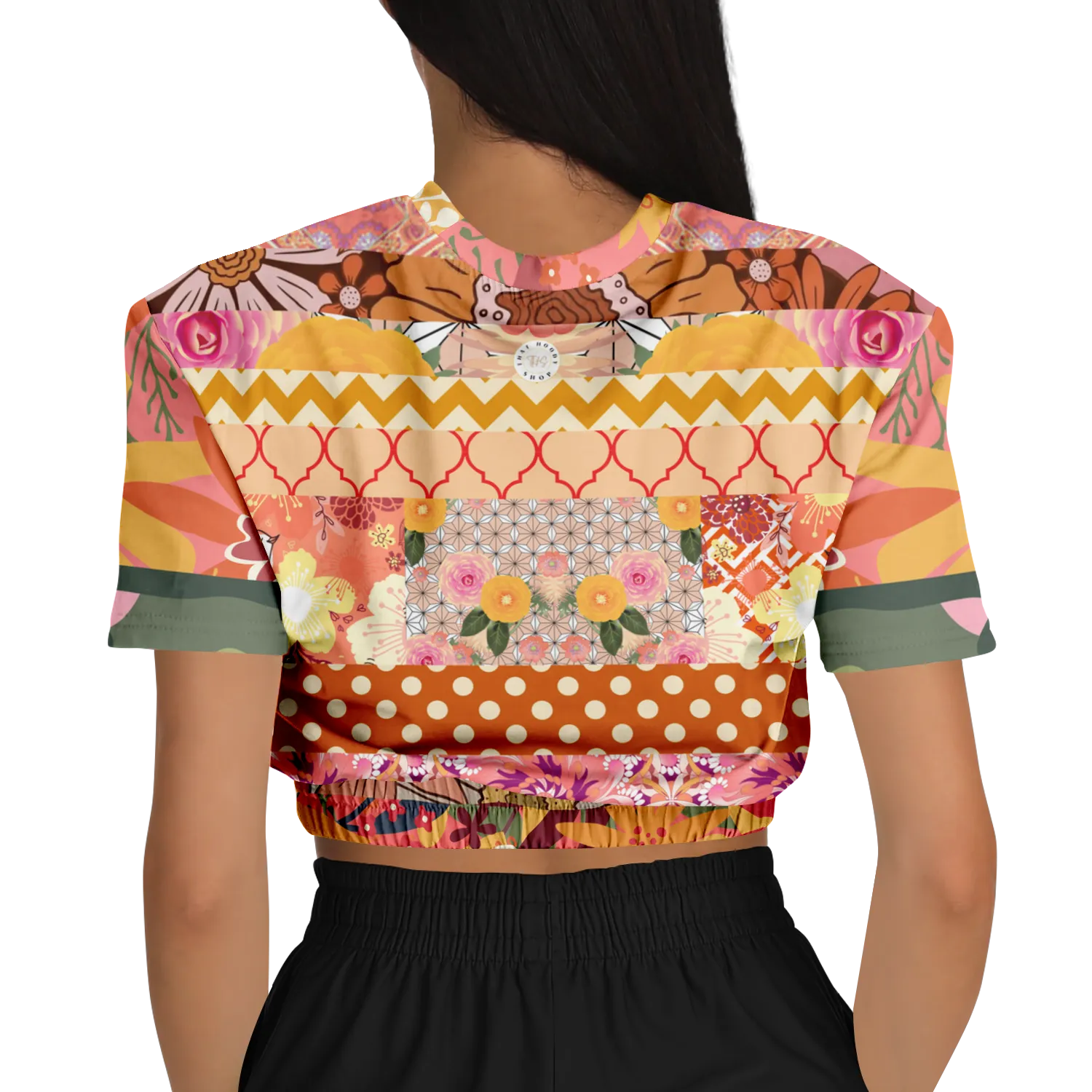 Yogananda Striped Floral Patchwork Short Sleeve Cropped Eco-Poly Sweater