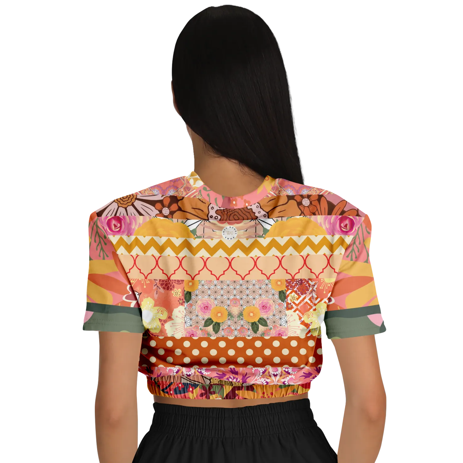 Yogananda Striped Floral Patchwork Short Sleeve Cropped Eco-Poly Sweater