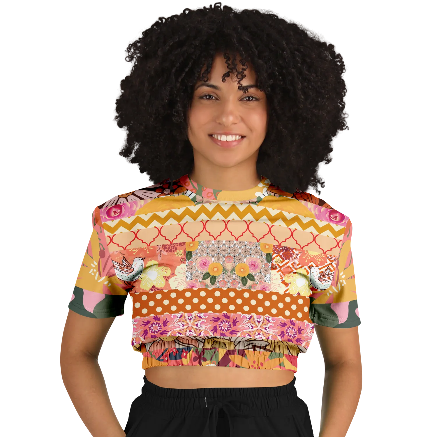 Yogananda Striped Floral Patchwork Short Sleeve Cropped Eco-Poly Sweater