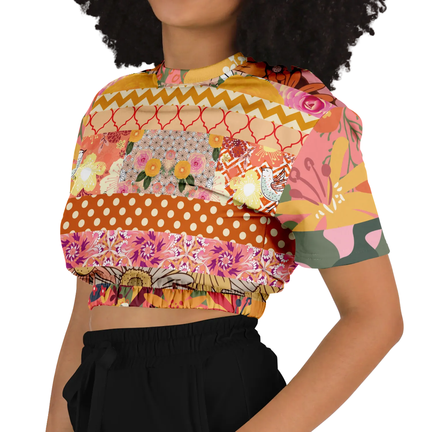 Yogananda Striped Floral Patchwork Short Sleeve Cropped Eco-Poly Sweater