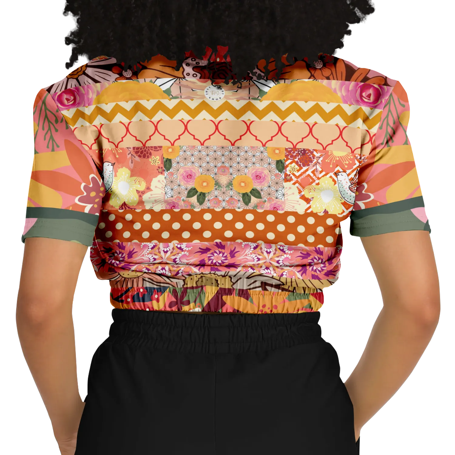 Yogananda Striped Floral Patchwork Short Sleeve Cropped Eco-Poly Sweater